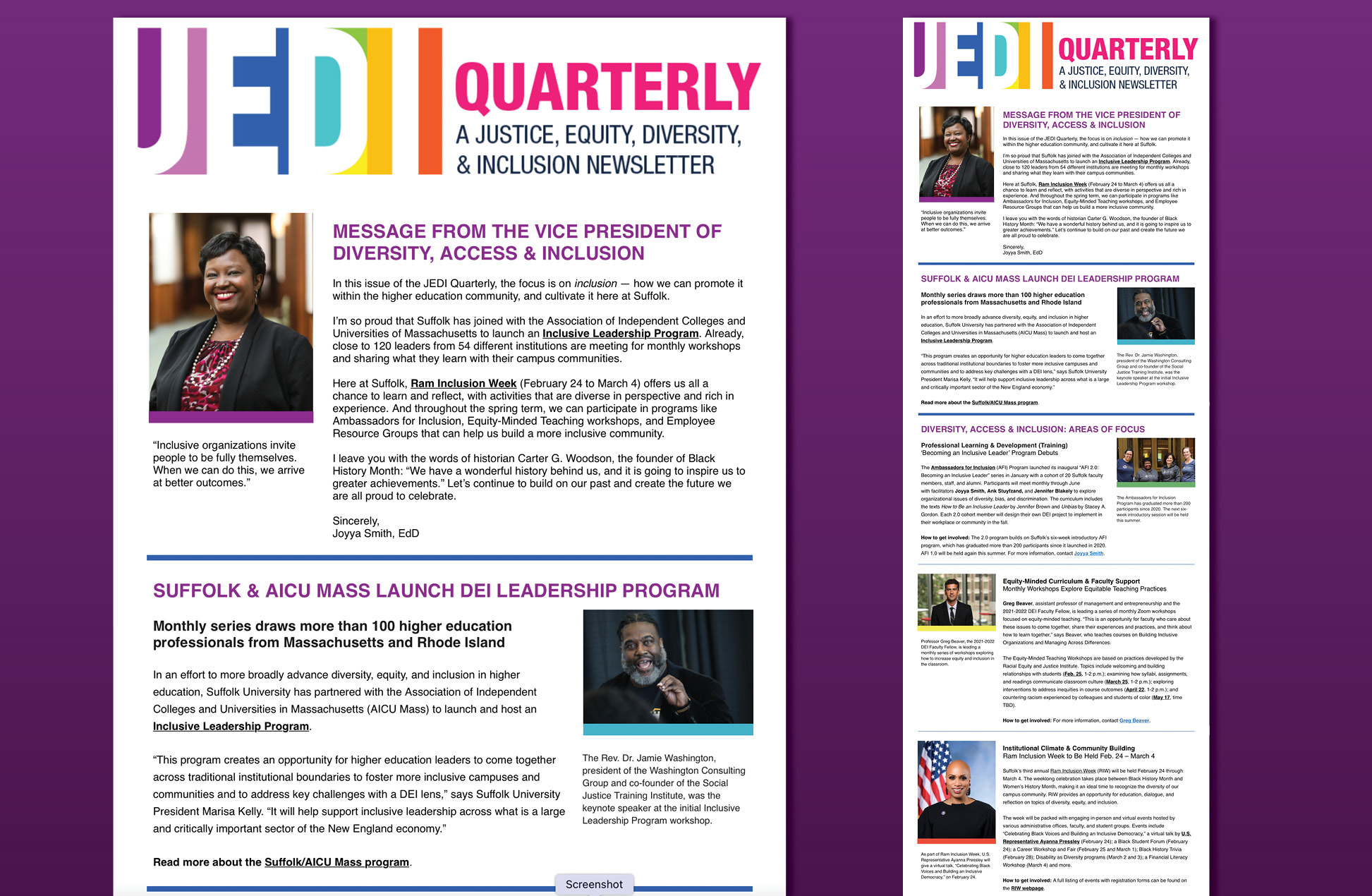 JEDI Quarterly Newsletter email screen shots