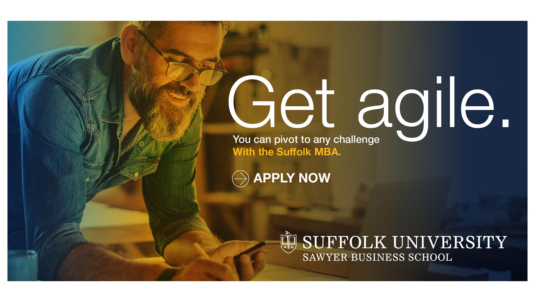 male in his woodworking studio looking at his phone and computer with the headline Get Agile