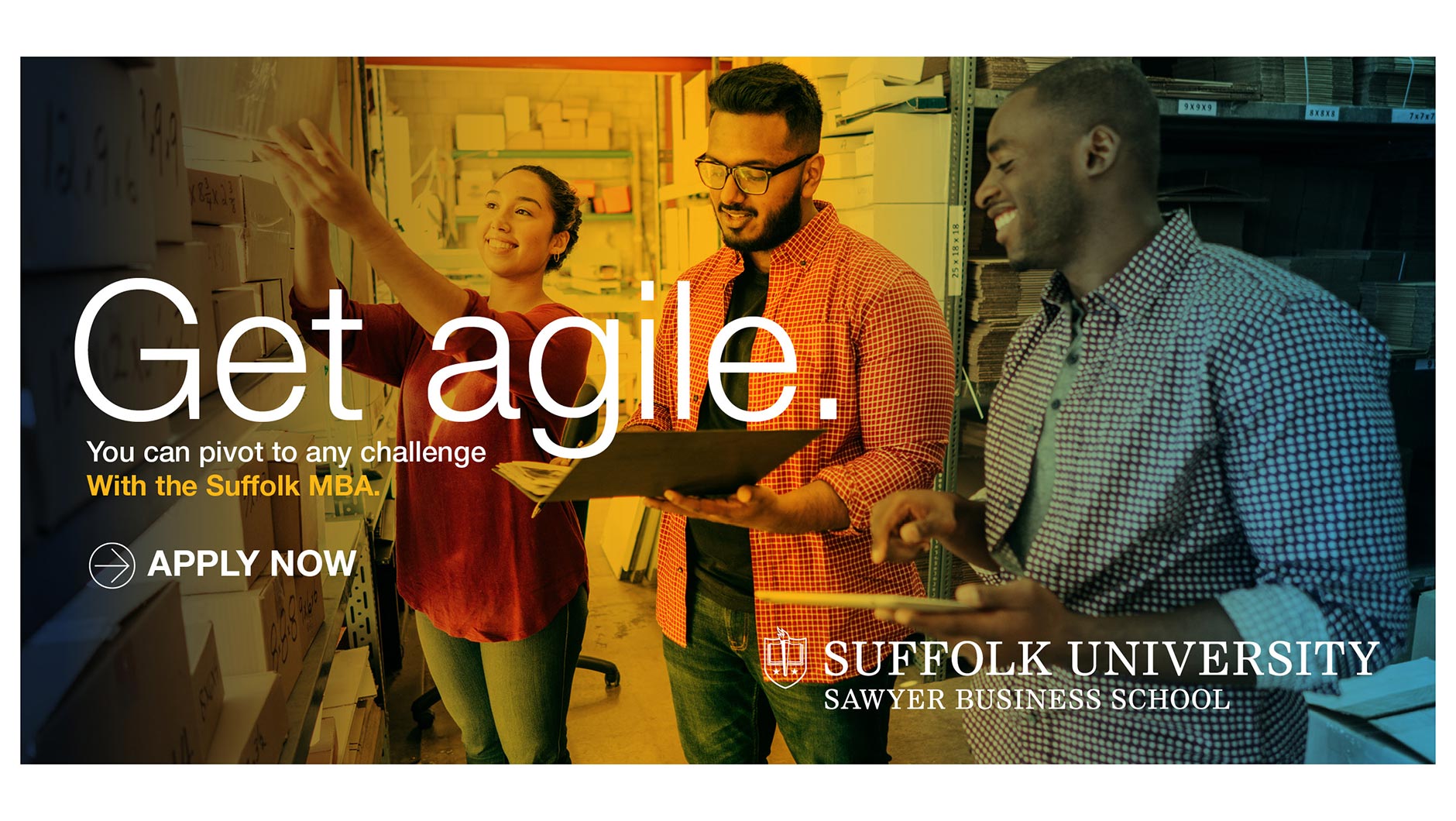 three people working in a warehouse together with the headline Get Agile