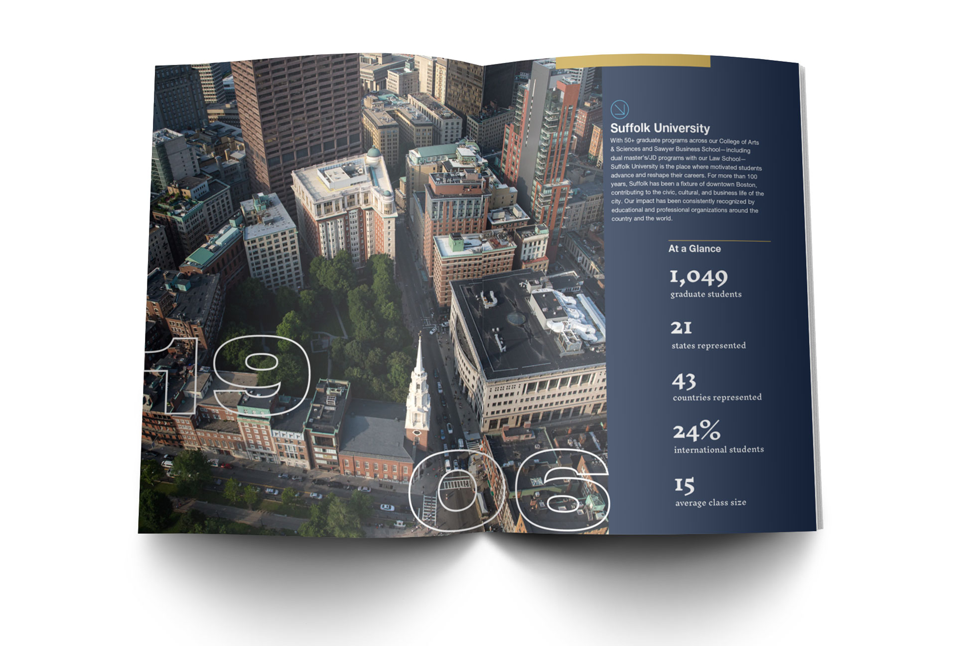 spread of the brochure featuring an aerial shot of Suffolk's campus