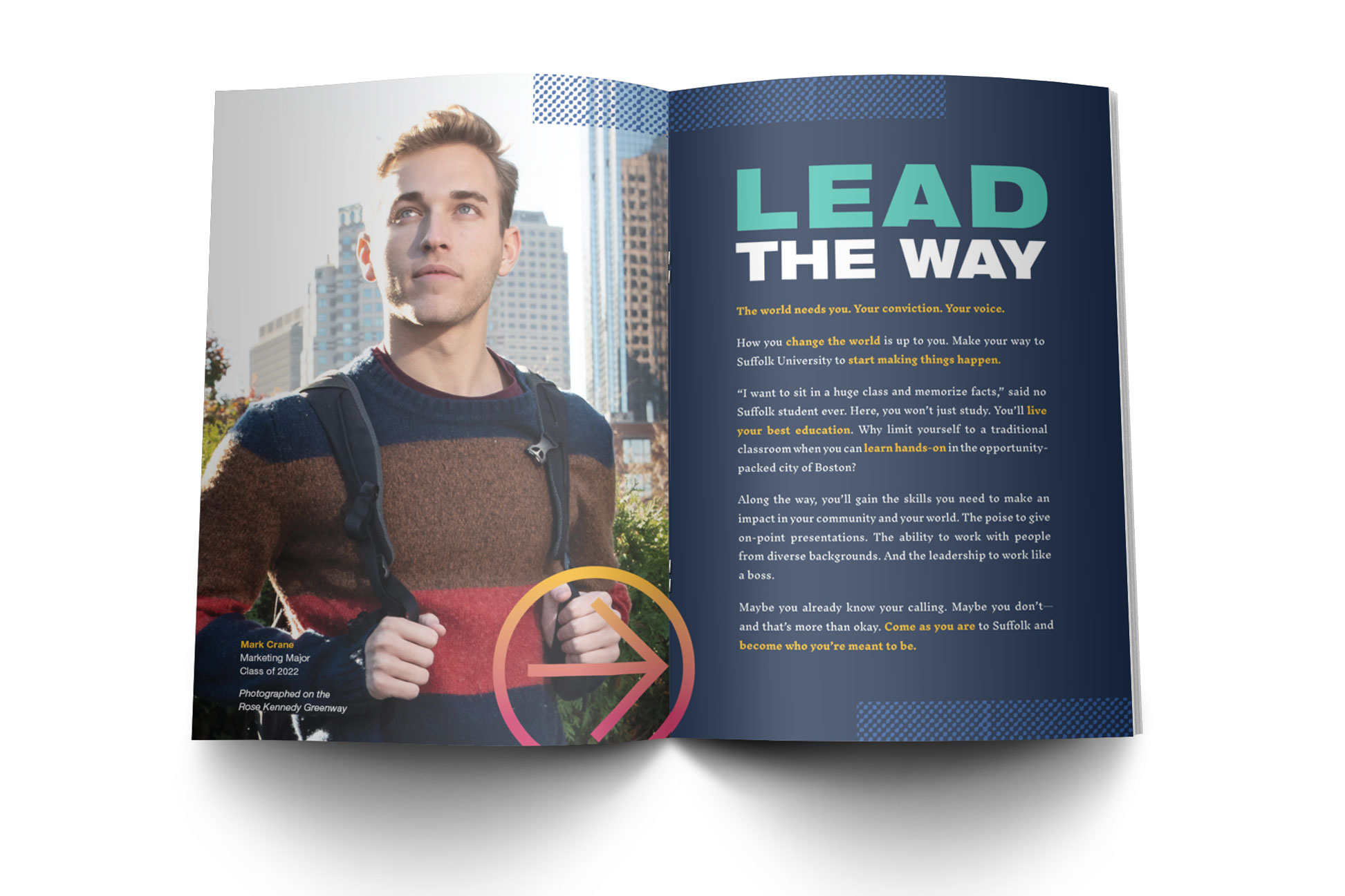 spread of the brochure featuring a male student in Boston