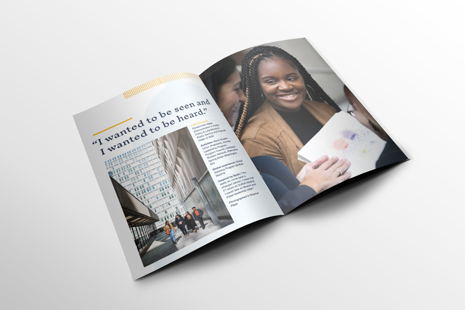 spread featuring a female student with the quote I wanted to be seen and I wanted to be heard