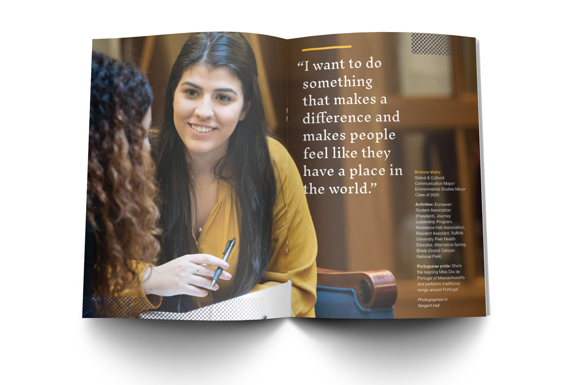 spread that features a female student and the quote I wanted to do something that makes a difference and makes people feel like they have a place in the world