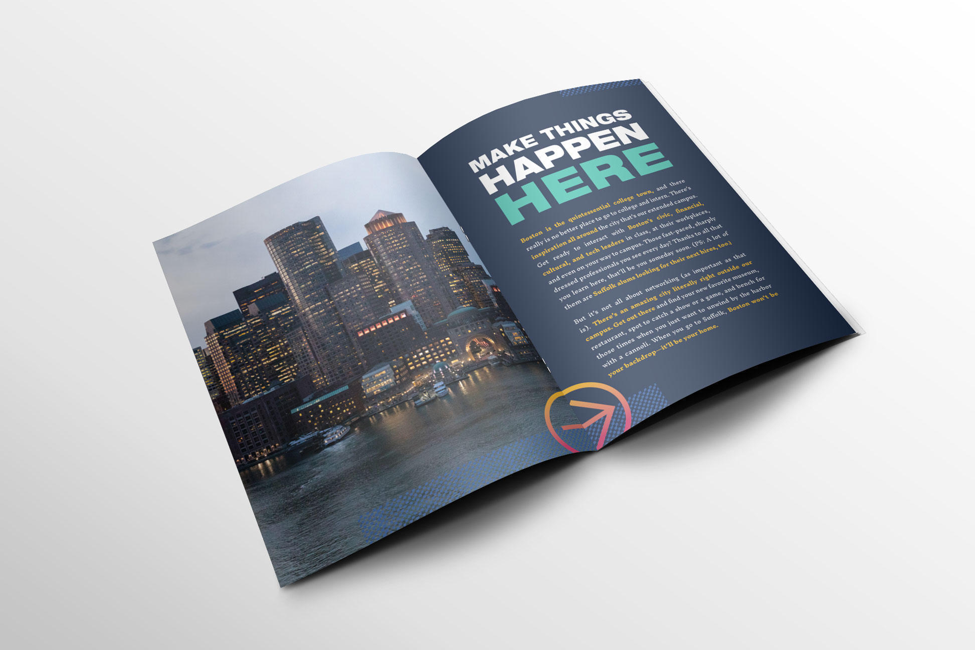 spread featuring the Boston skyline at dusk and the headline Make Things Happen Here