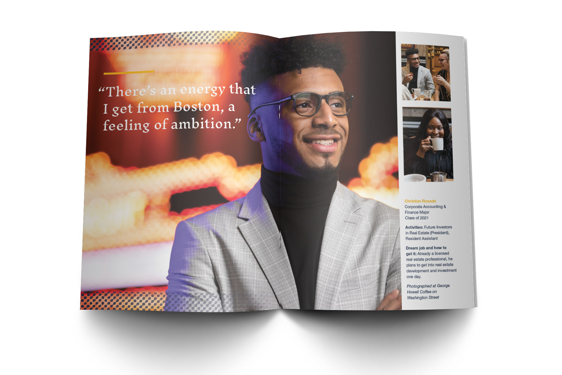 spread featuring a male student and the quote There's an energy I get from Boston, a feeling of ambition