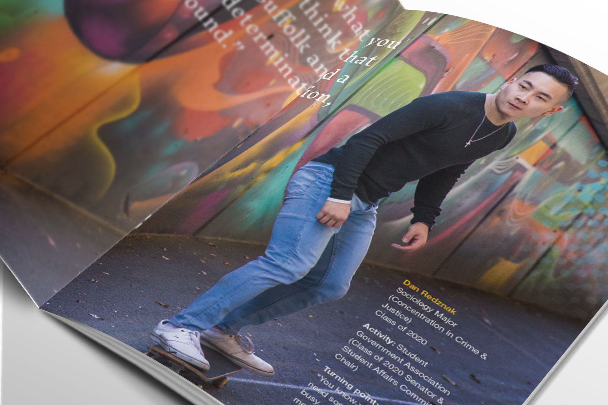 spread featuring a male student skateboarding in the Ink Block part of Boston