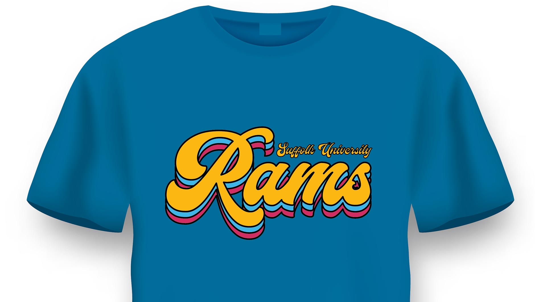 close up of shirt with Suffolk University Rams written in retro lettering