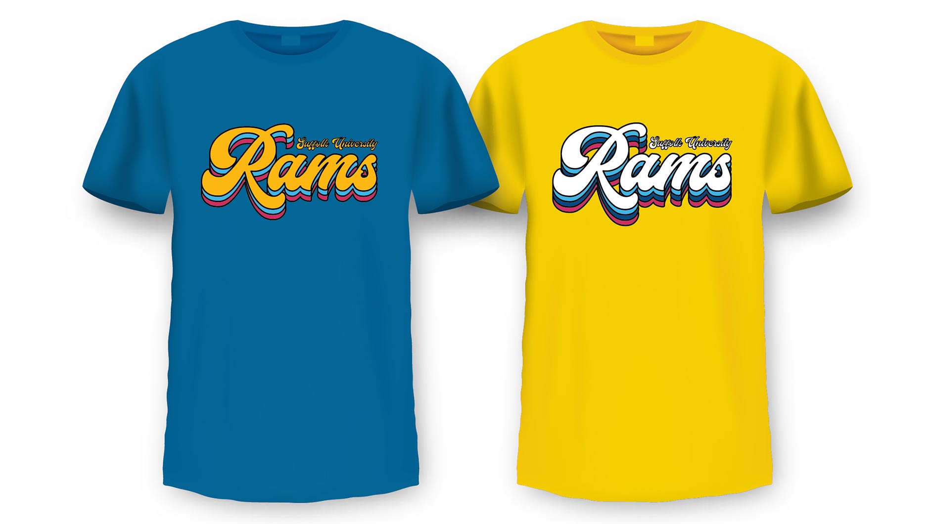 blue and yellow versions of the Suffolk University Rams retro shirts