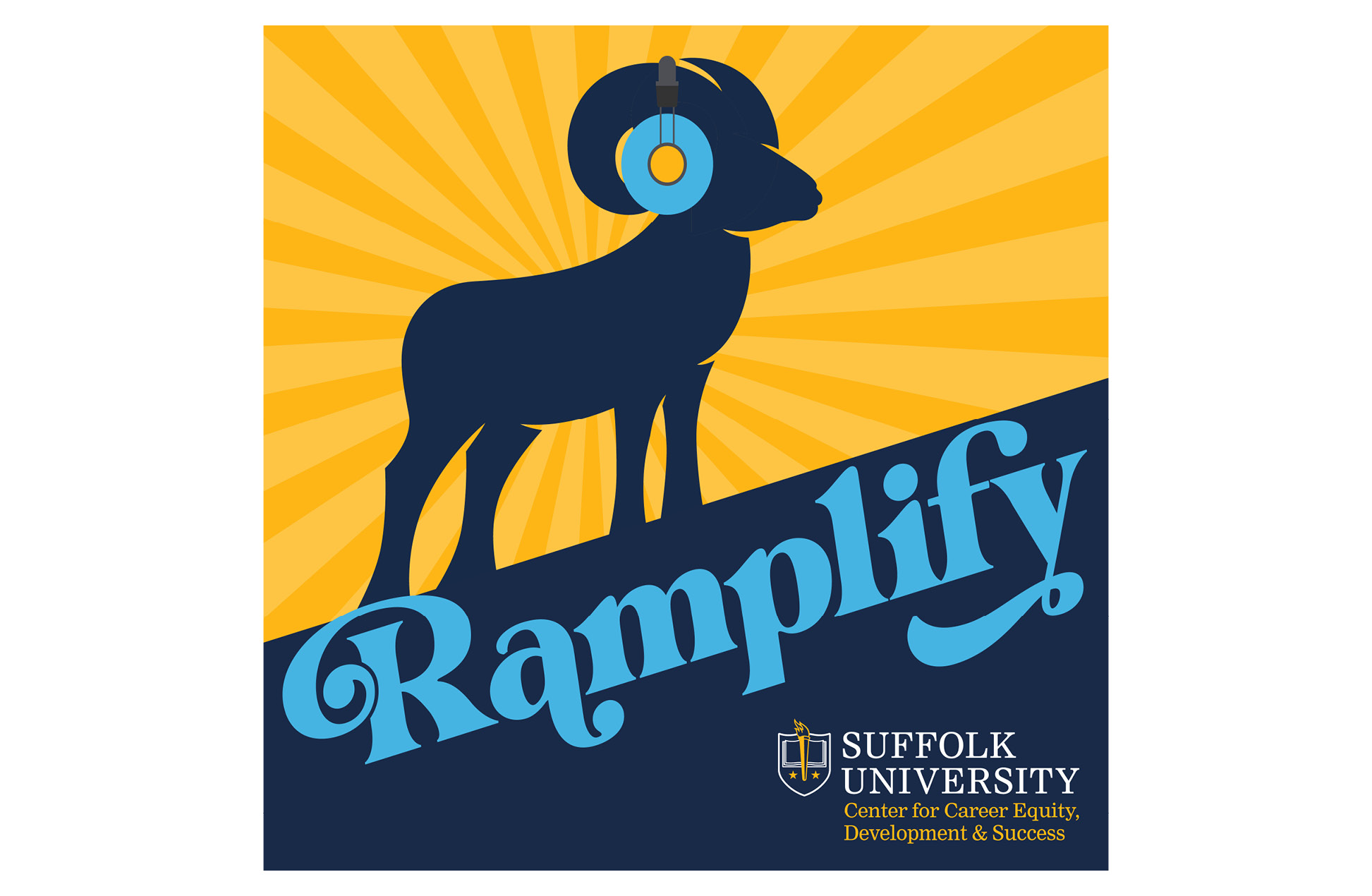 artwork of a ram with headphones on and the word Ramplify under him