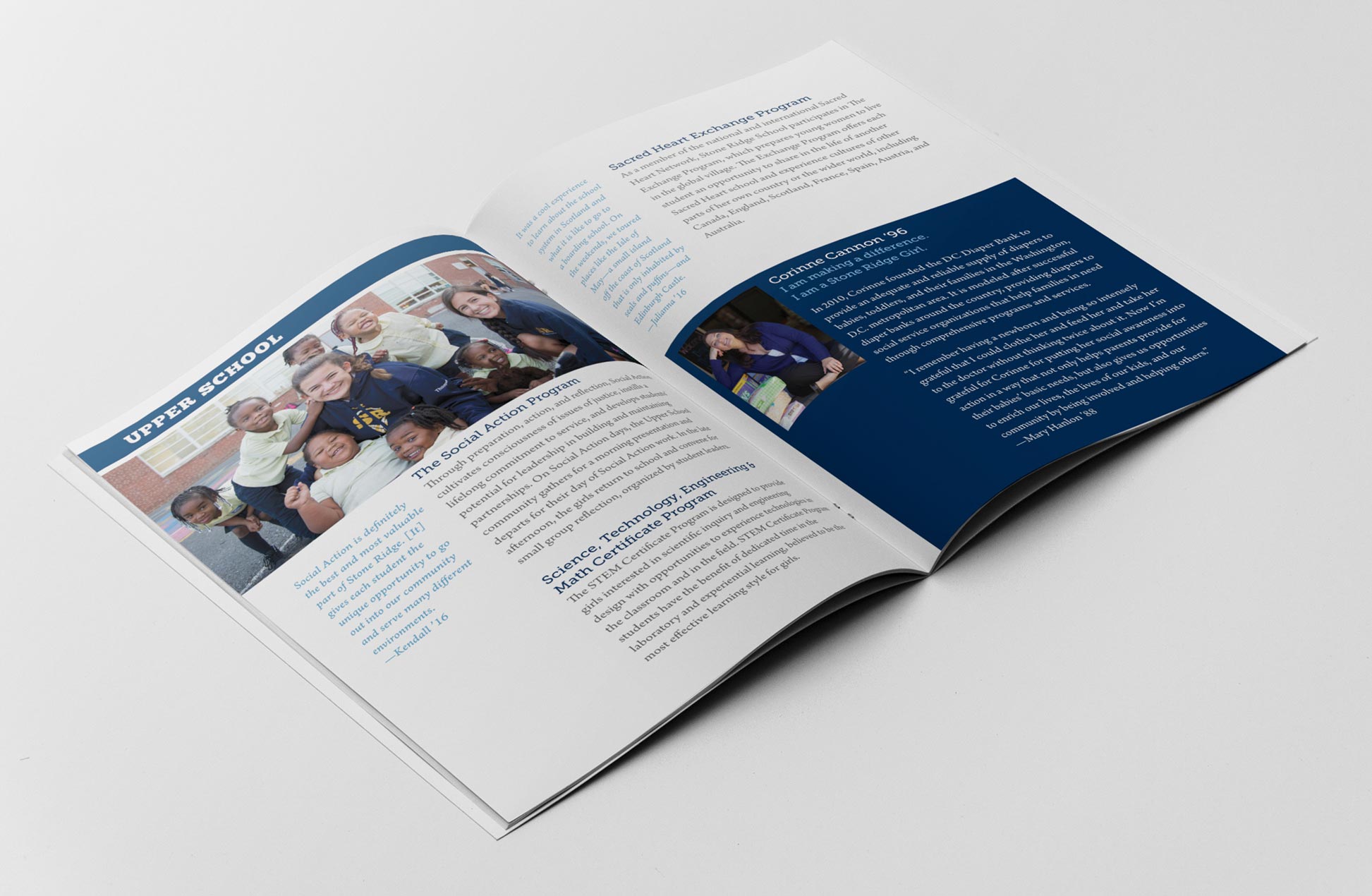 inside spread of the booklet featuring an alumni profile